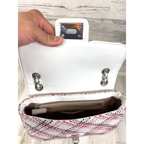 Karl Lagerfeld Women’s Lafayette Pink Plaid Leather Fabric Shoulder Bag NEW - Picture 4 of 9